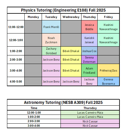 Physics and Astronomy tutoring schedule for fall 2025. Located in engineering E108 (Physics) and NESB A309 (Astronomy).